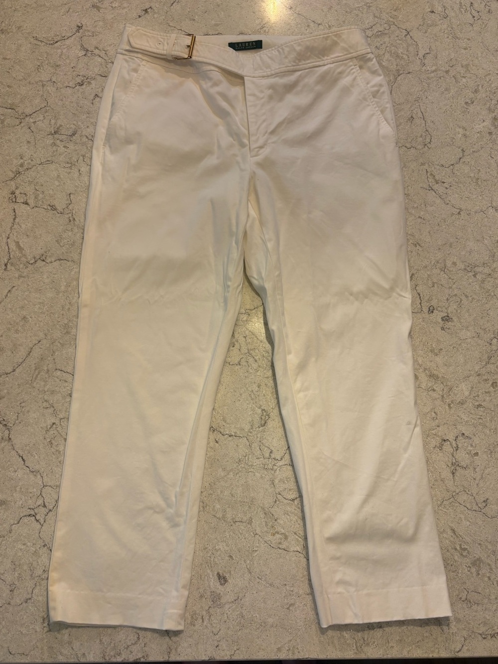 Size 12 Ralph Lauren White Cropped Capri Pants with Gold Side Buckle Women’s
